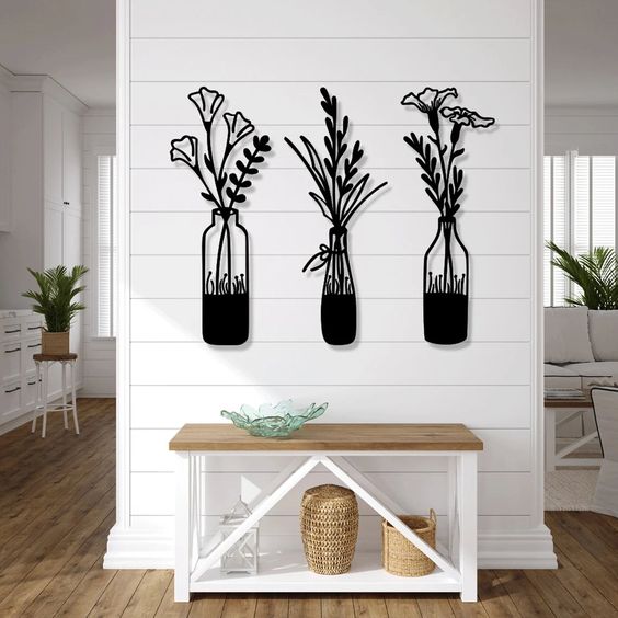 Cuadro tríptico de botellas con flores  60x60