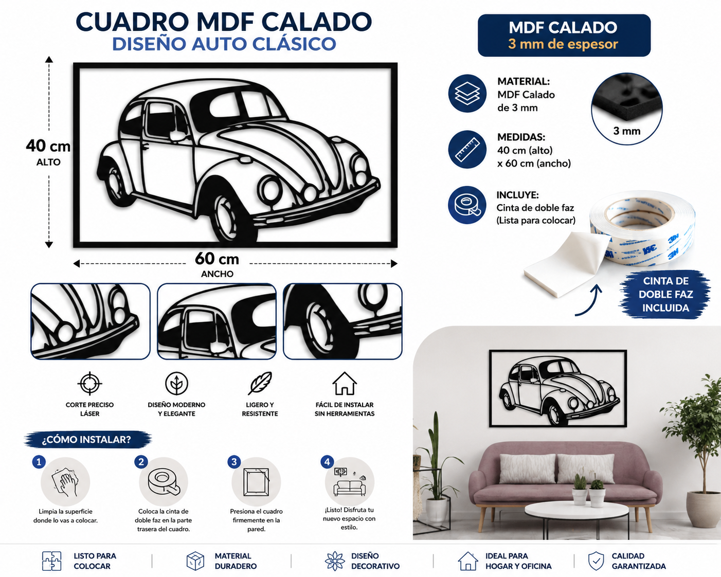 Cuadro de Fusca Escarabajo Realizado en MDF de 60x40 cm
